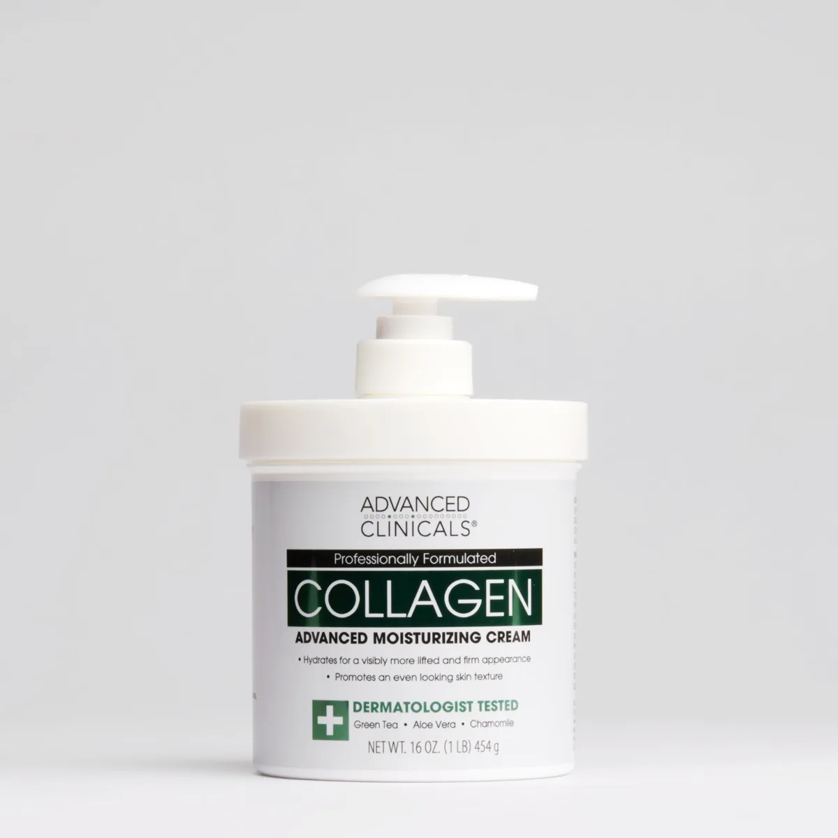 Advanced Clinicals Collagen Body Cream 16 oz white pump jar with green collagen label