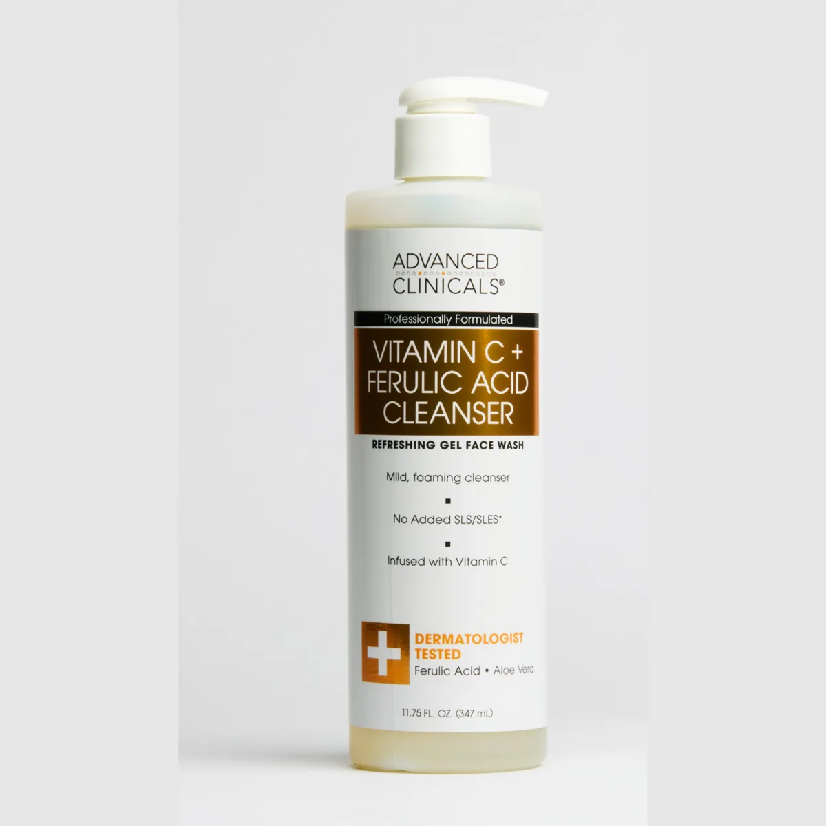 Advanced Clinicals Vitamin C + Ferulic Acid Cleanser 11.75 fl oz pump bottle with orange label