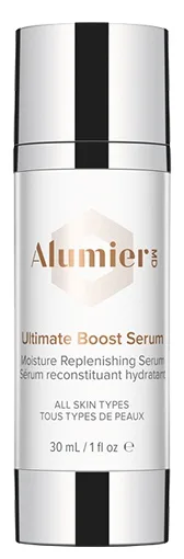 AlumierMD Ultimate Boost Serum pump bottle, lightweight professional hydrating and soothing serum with peptides, niacinamide, hyaluronic acid, and calming botanicals