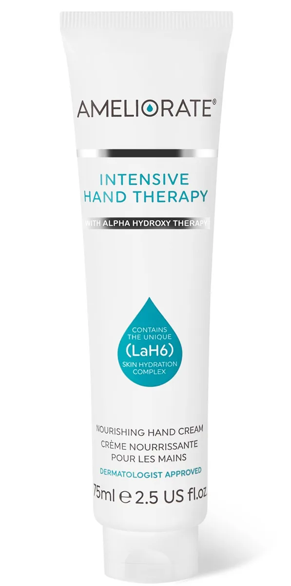 Ameliorate Intensive Hand Treatment tube, exfoliating hand cream with lactic acid complex, urea, almond and oat oils, and shea butter for rough dry hands