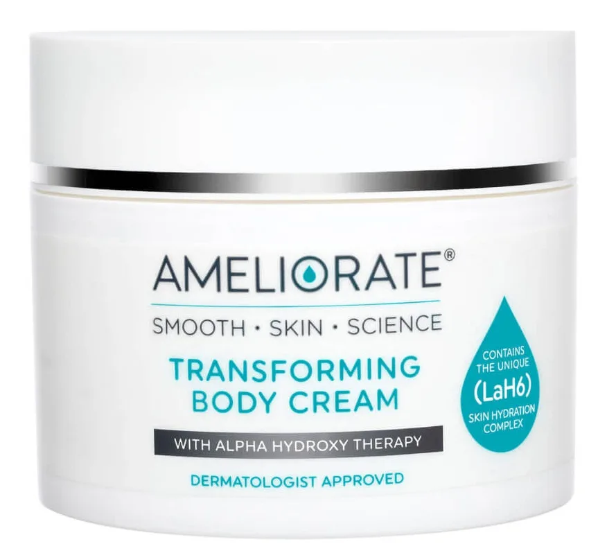 Ameliorate Transforming Body Lotion pump bottle, lactic acid body lotion for keratosis pilaris with ammonium lactate, urea, squalane, and butters