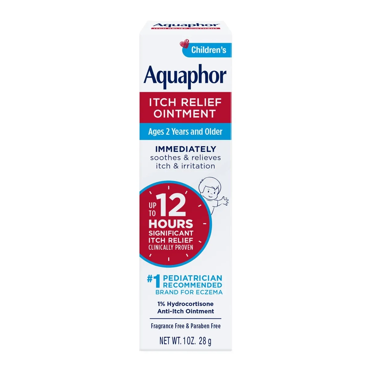 Aquaphor Children's Itch Relief Ointment 1 oz tube on white background