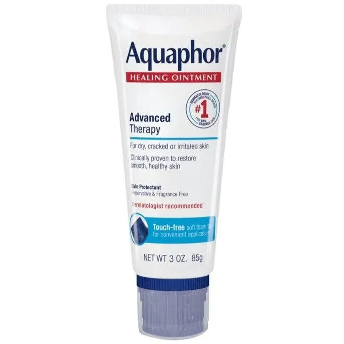 Aquaphor Healing Ointment with Touch-Free Applicator tube on white background