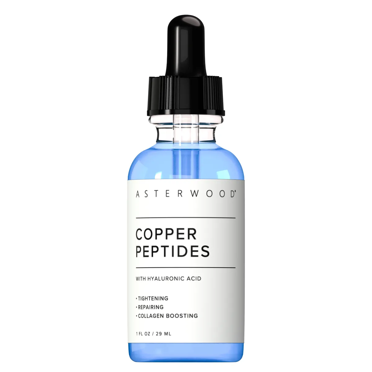 Asterwood Copper Peptides Serum 1 fl oz clear glass dropper bottle showing the blue liquid