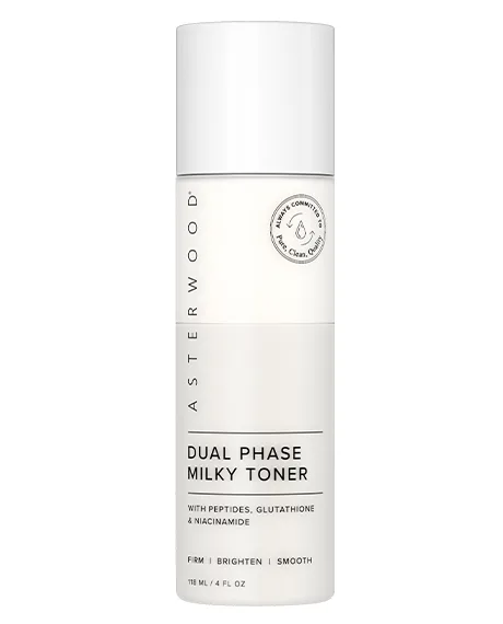 Asterwood Dual Phase Milky Toner 4 oz white bottle showing separated clear and milky layers