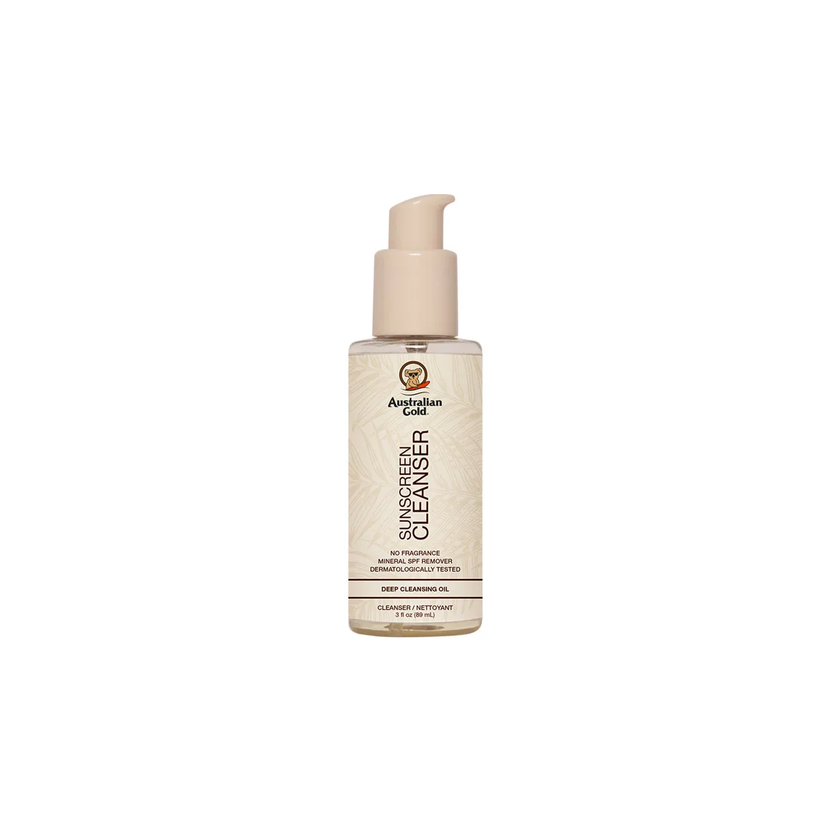 Australian Gold Sunscreen Cleanser pump bottle, drugstore oil cleanser specifically positioned for SPF removal with sunflower seed oil, squalane, olive oil, tea tree oil, and vitamin E