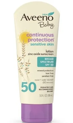 Aveeno Baby Continuous Protection Zinc Oxide Mineral Sunscreen SPF 50 tube on white background