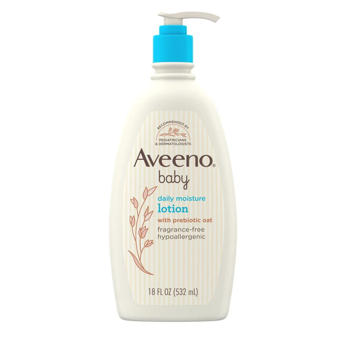 Aveeno Baby Daily Moisture Lotion 18 fl oz white pump bottle with blue pump, oat stalk label and fragrance-free line