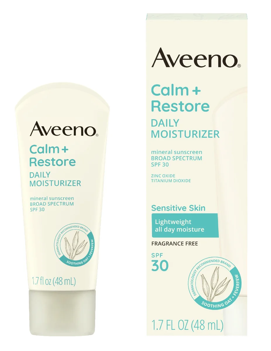 Aveeno Calm + Restore Daily Moisturizer Mineral Sunscreen SPF 30 tube on white background