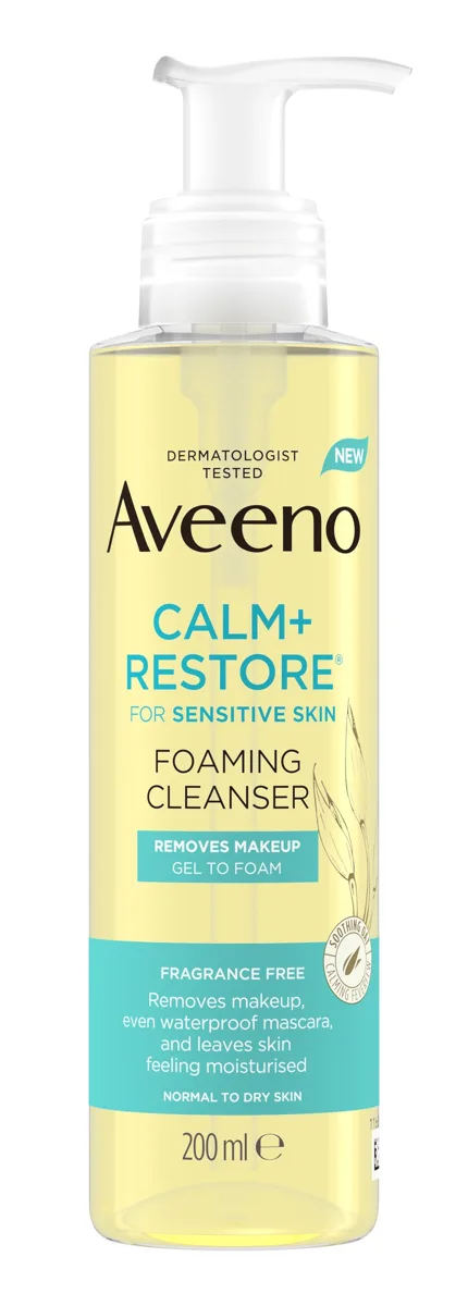 Aveeno Calm + Restore Foaming Cleanser in a white and blue squeeze tube