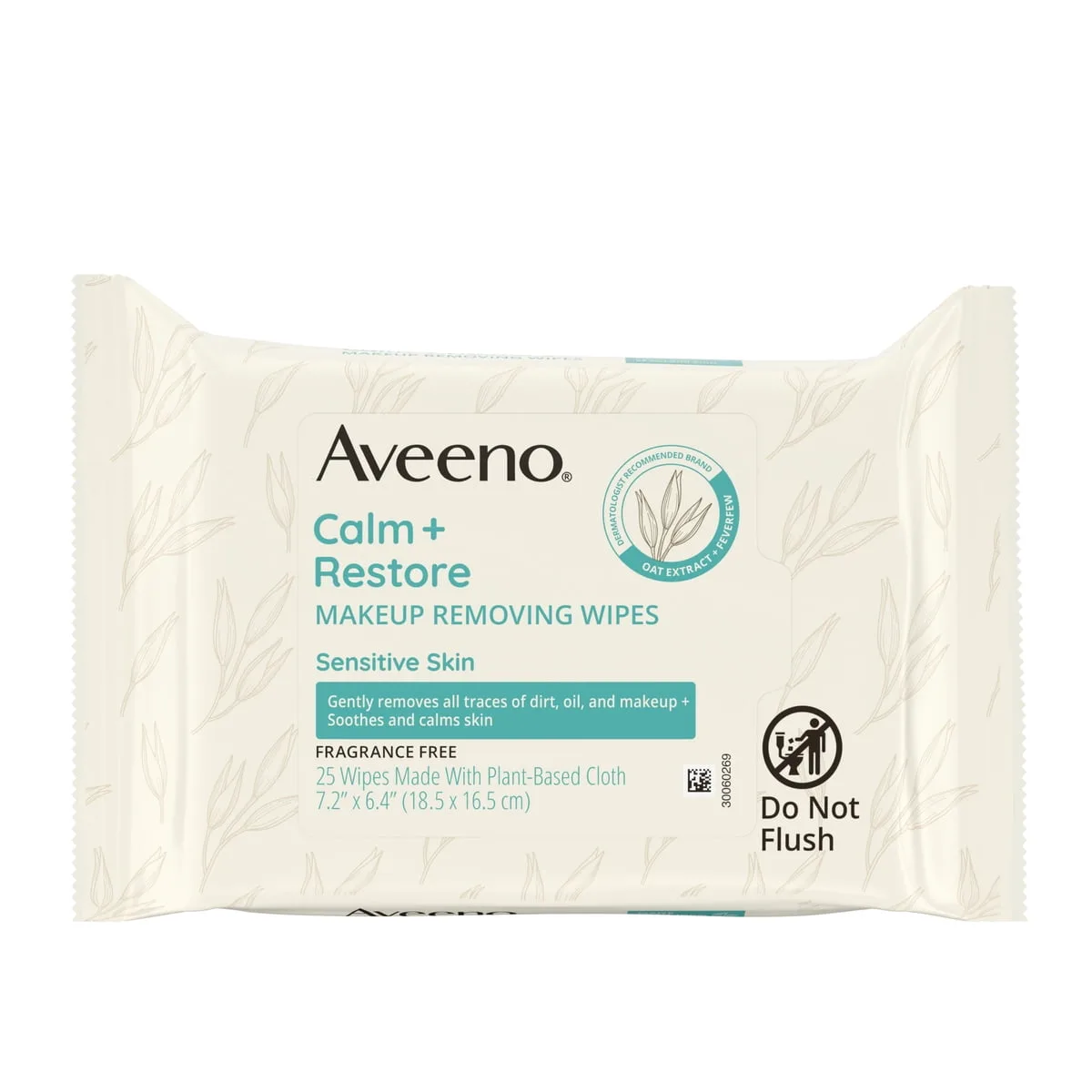 Aveeno Calm + Restore Makeup Removing Wipes resealable pouch of 25 with green sensitive-skin band and Do Not Flush mark