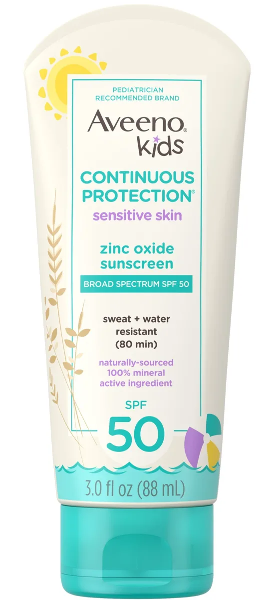 Aveeno Kids Continuous Protection Zinc Oxide Sunscreen SPF 50 bottle on white background