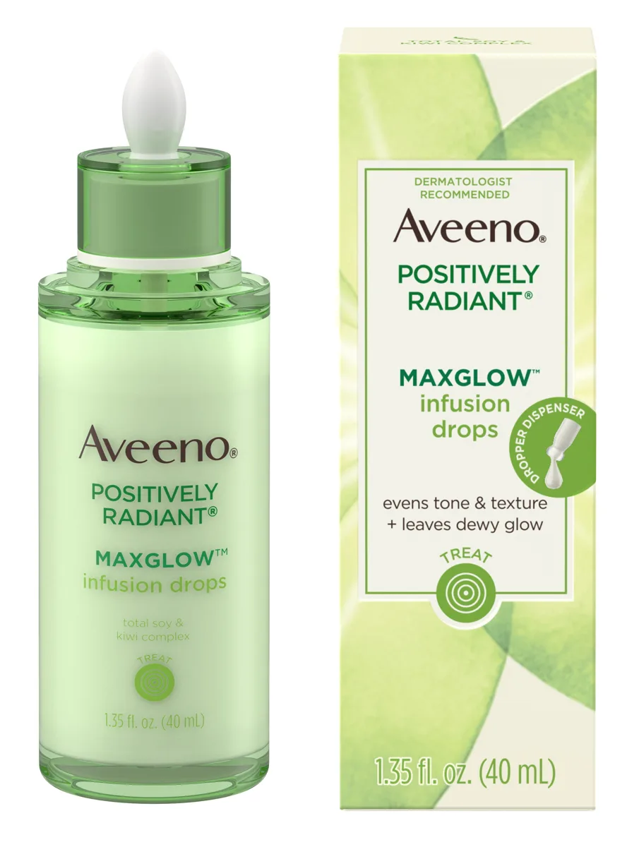 Aveeno Positively Radiant MaxGlow Infusion Drops serum in glass dropper bottle