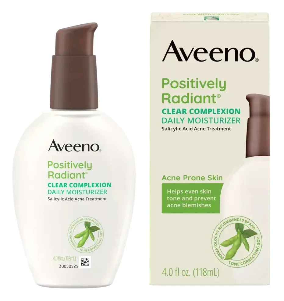 Aveeno Positively Radiant Clear Complexion Face Moisturizer pump bottle on white background