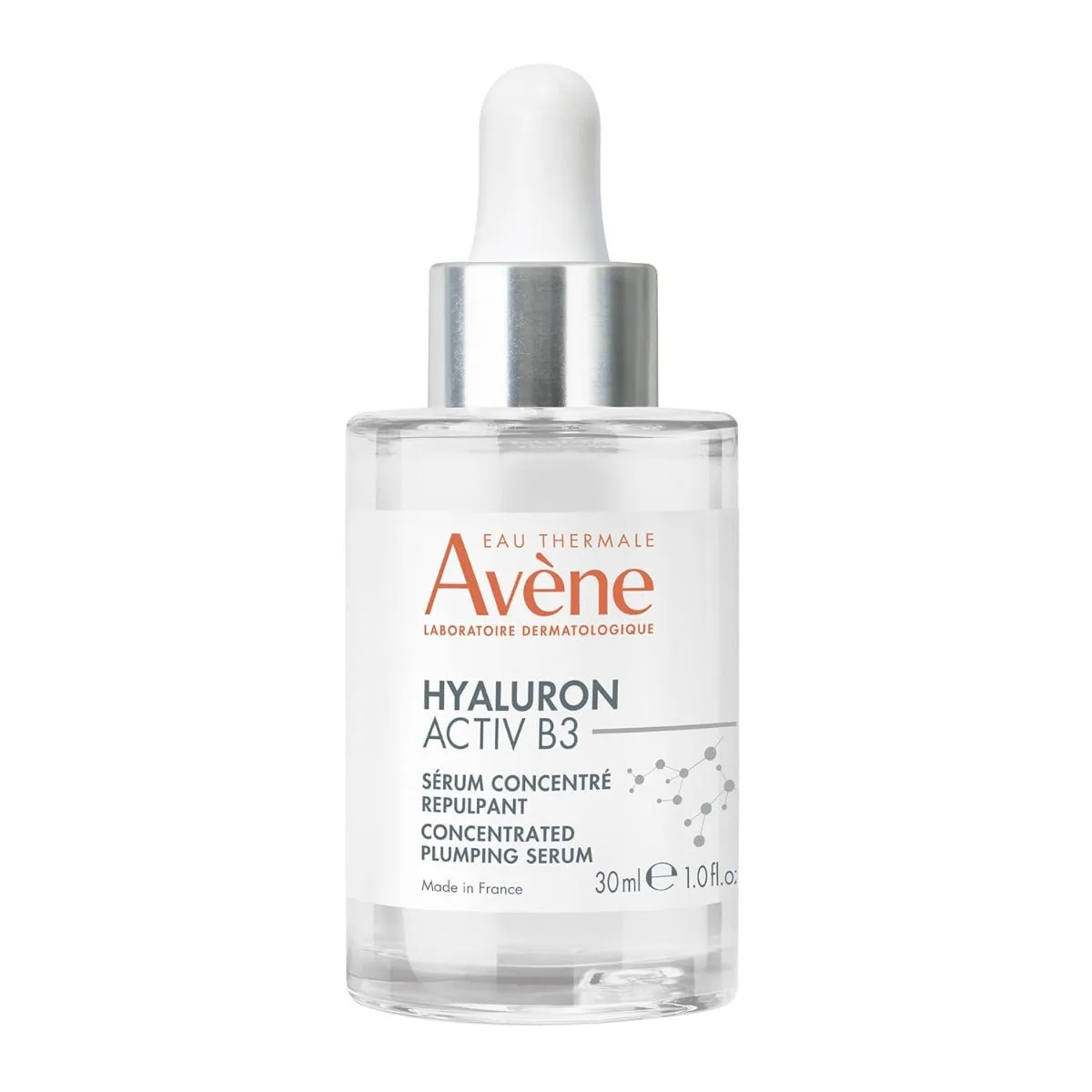Avène Hyaluron Activ B3 Concentrated Plumping Serum 30ml glass dropper bottle on white background