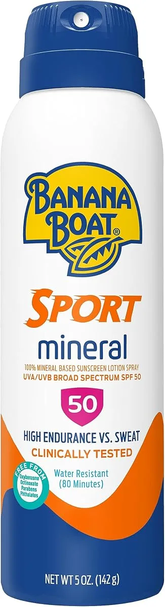 Banana Boat Sport 100% Mineral Sunscreen Spray SPF 50 can on white background