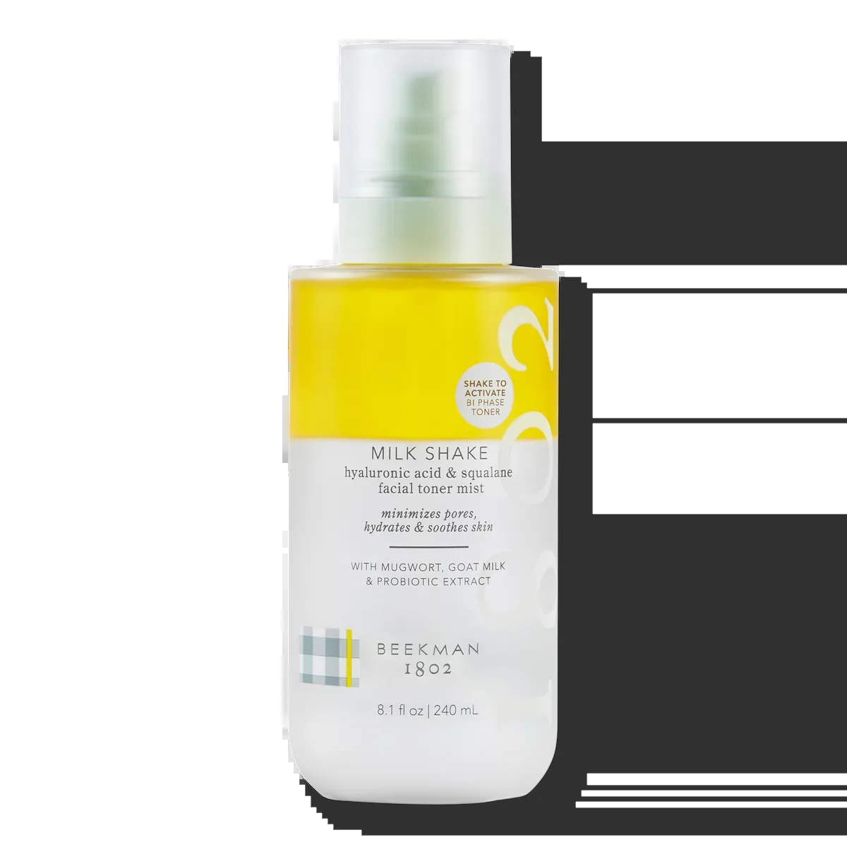Beekman 1802 Milk Shake Toner Mist in clear glass bottle showing bi-phase separation