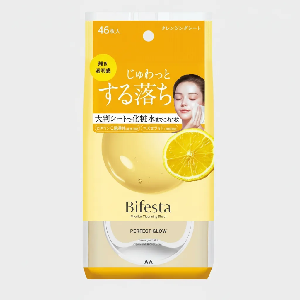 Bifesta Micellar Cleansing Sheet Perfect Glow pouch, fragrance-free Japanese makeup remover wipes with a vitamin C derivative, lactic acid, and yuzu