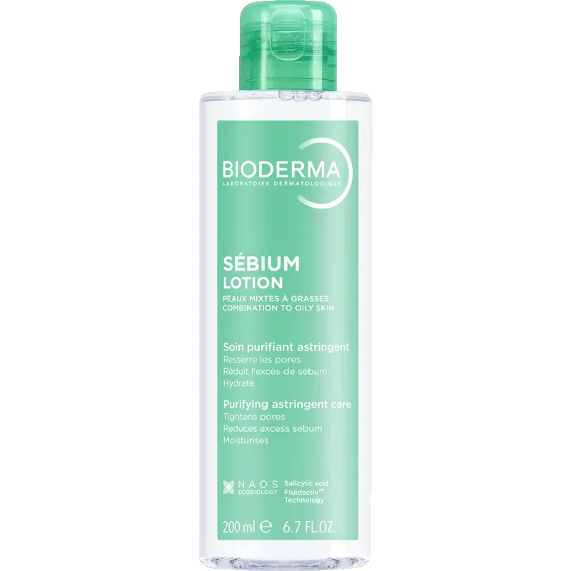Bioderma Sébium Toner bottle, French pharmacy salicylic-acid BHA toner with zinc gluconate and Fluidactiv complex for oily and combination skin