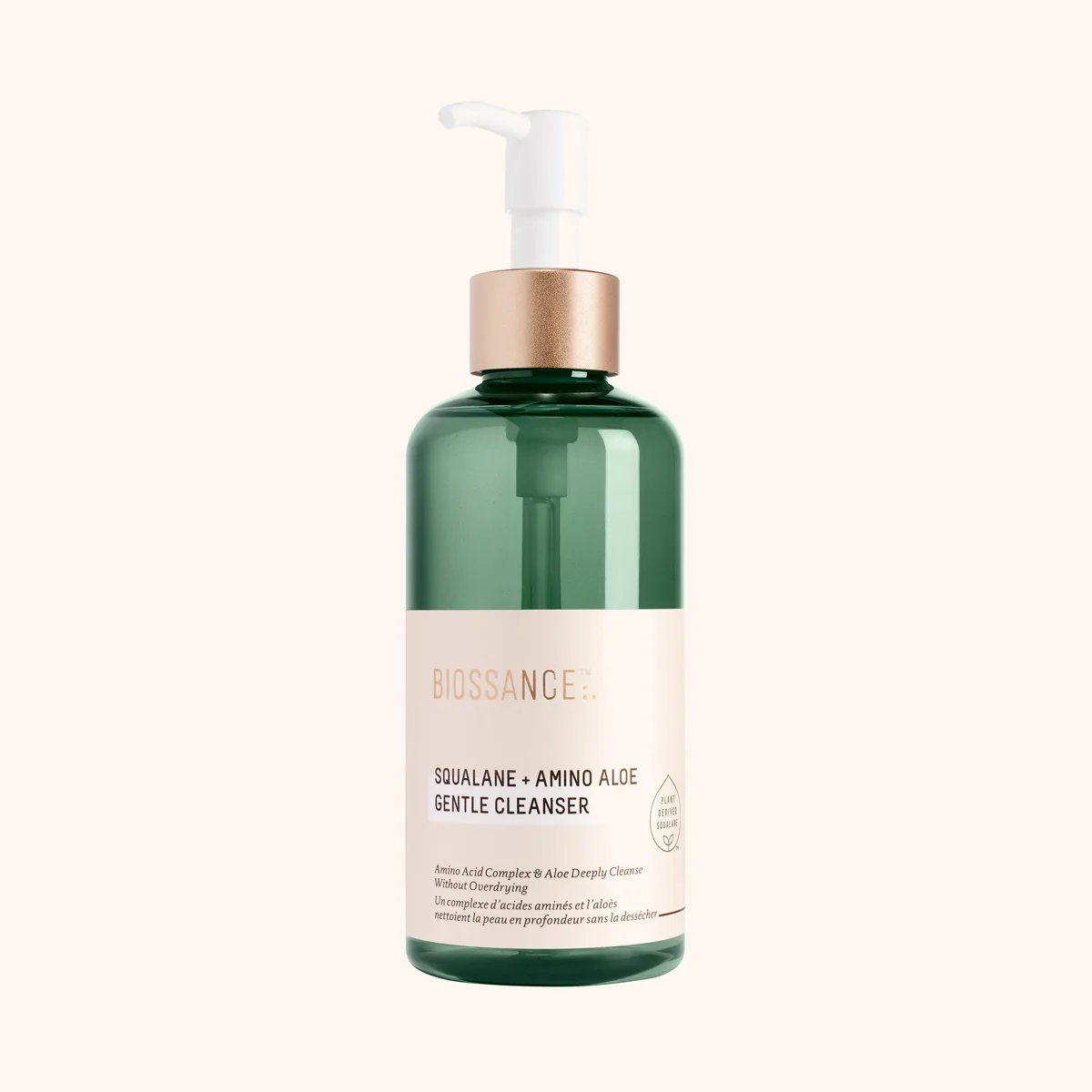 Biossance Squalane + Amino Aloe Gentle Cleanser pump bottle on white background