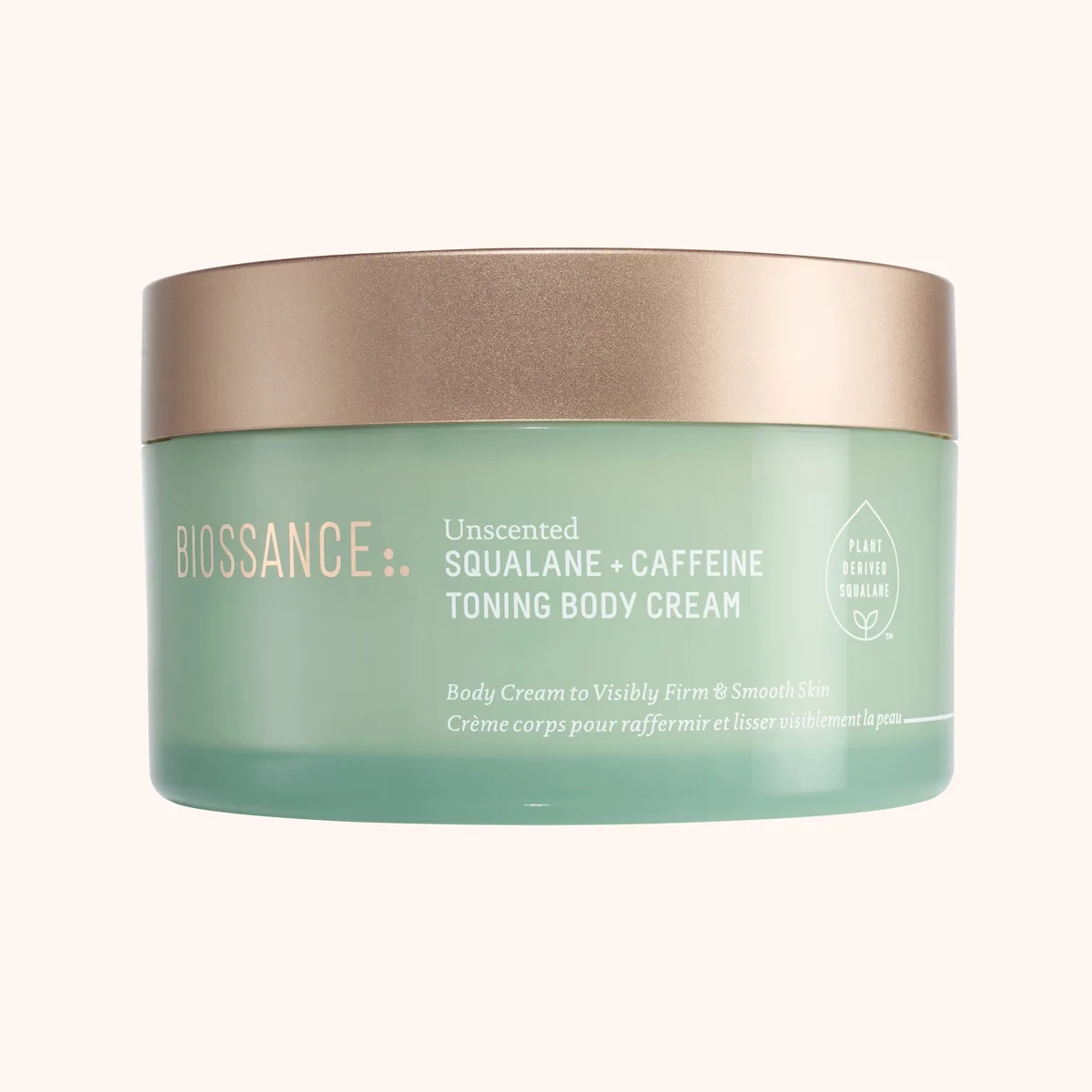 Biossance Squalane + Caffeine Toning Body Cream pump bottle on white background