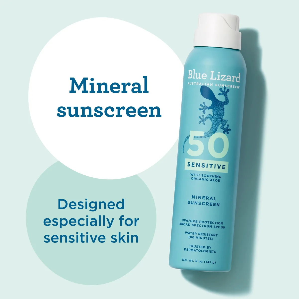 Blue Lizard Sensitive Mineral Sunscreen Spray SPF 50 can on white background