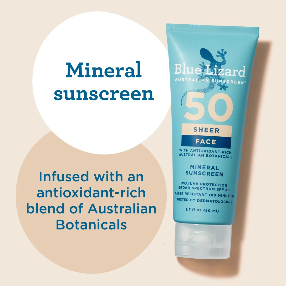 Blue Lizard Sheer Face Mineral Sunscreen Lotion SPF 50 tube on white background