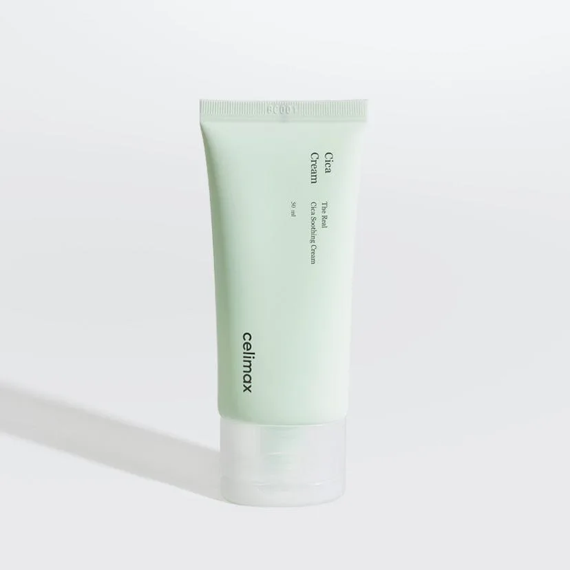 Celimax The Real Cica Soothing Cream tube, an oil-free fragrance-free gel-cream built on 73% fresh centella with niacinamide, adenosine and ceramide NP for sensitive skin