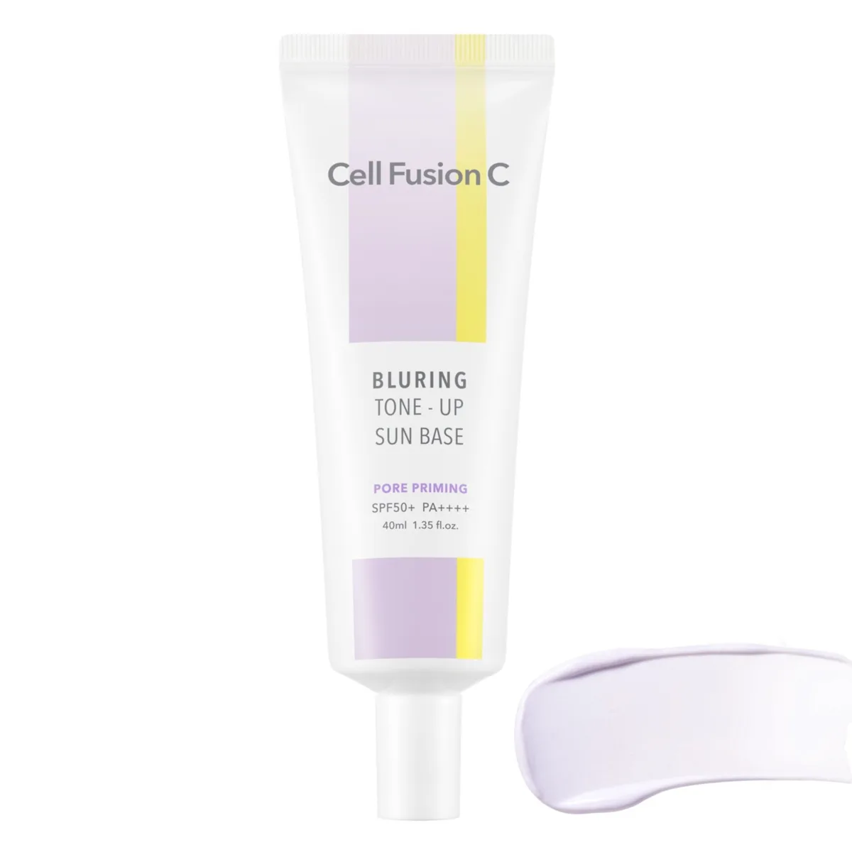 Cell Fusion C Blurring Tone-Up Sun Base white tube with lavender and yellow bands over a swatch of the lilac cream