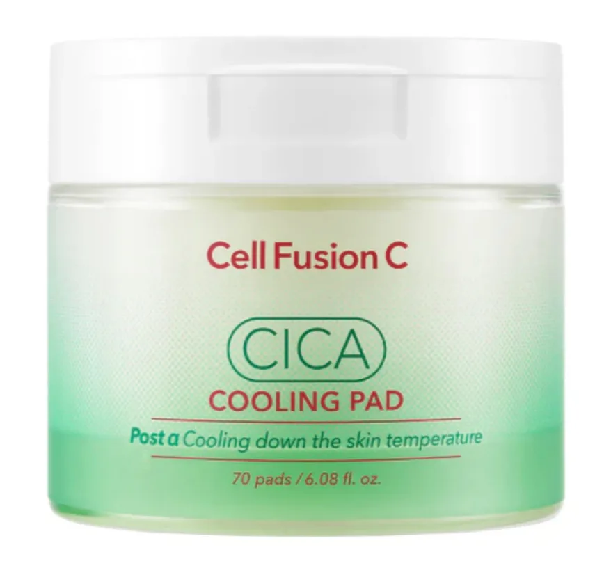 Cell Fusion C Post Alpha Cooling Pad tub, fragrance-free soothing centella toner pads with a non-menthol cooling agent for sensitive and post-procedure skin