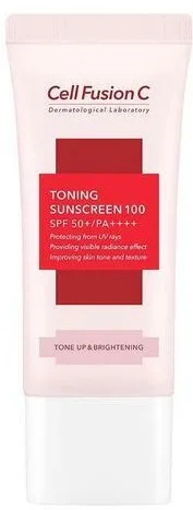 Cell Fusion C Toning Sunscreen SPF50+ tube, a tinted mineral-led Korean sunscreen with iron oxides, arbutin, niacinamide and ceramides for pigmentation-prone skin