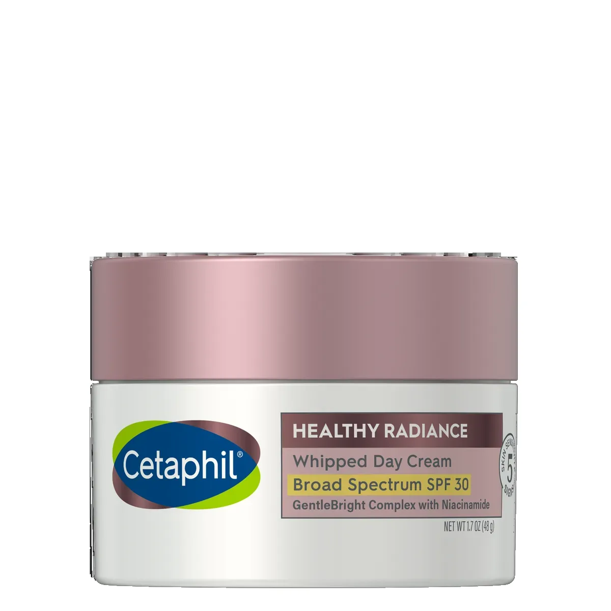 Cetaphil Healthy Radiance Whipped Day Cream SPF 30, 1.7 oz jar with lavender accent packaging for brightening and sun protection