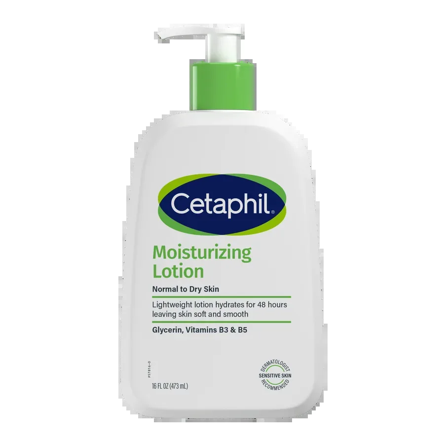 Cetaphil Optimal Hydration Body Lotion in a white pump bottle with blue and green Cetaphil branding