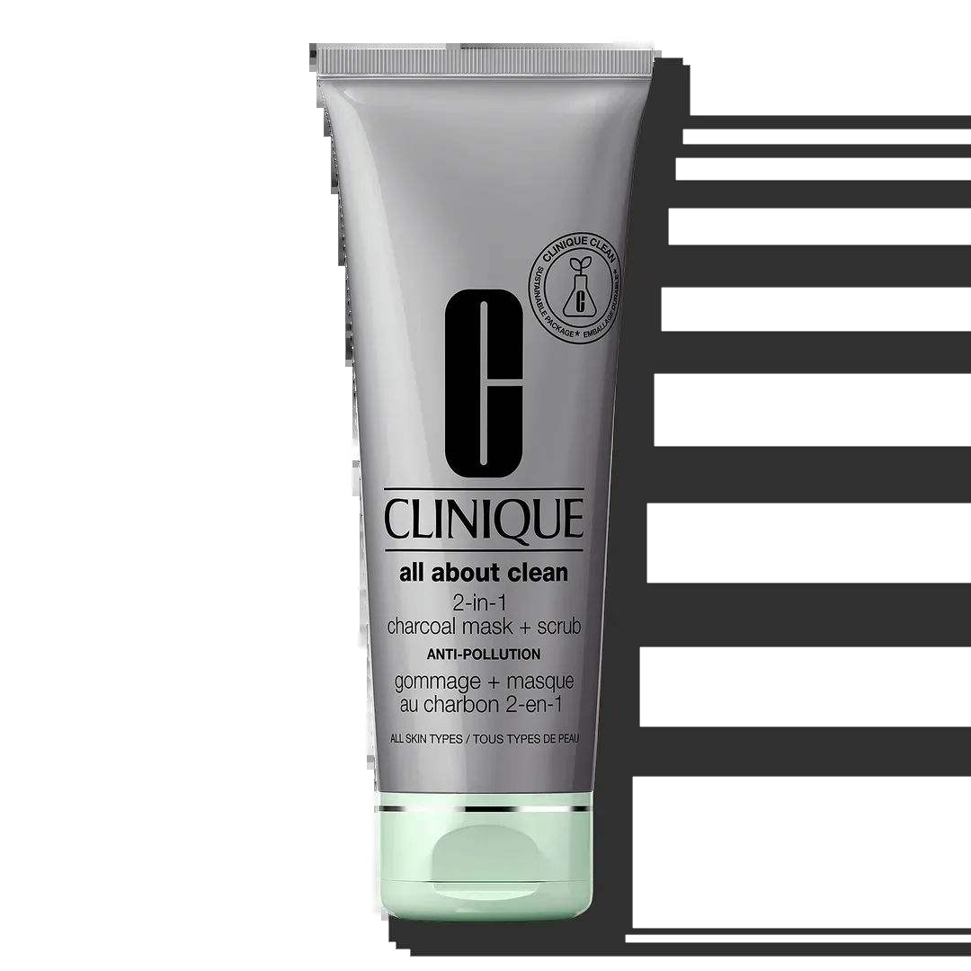 Clinique All About Clean 2-in-1 Charcoal Mask + Scrub in gray squeeze tube