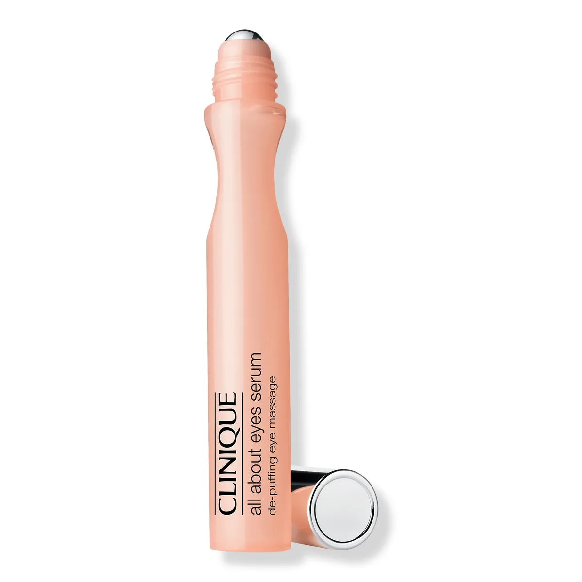 Clinique All About Eyes Serum De-Puffing Eye Massage rollerball tube on white background