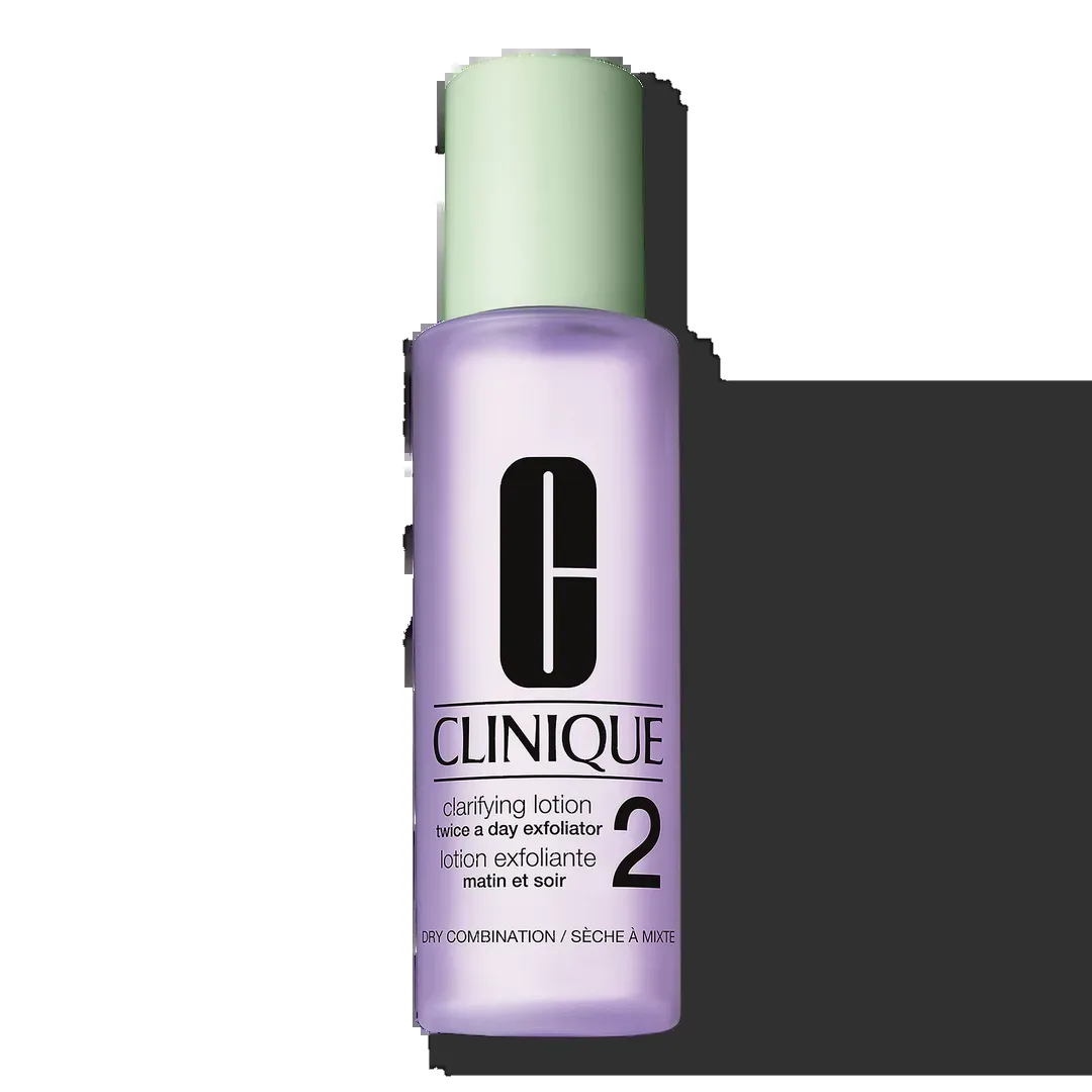 Clinique Clarifying Lotion 2 in clear bottle with green cap and purple-tinted liquid