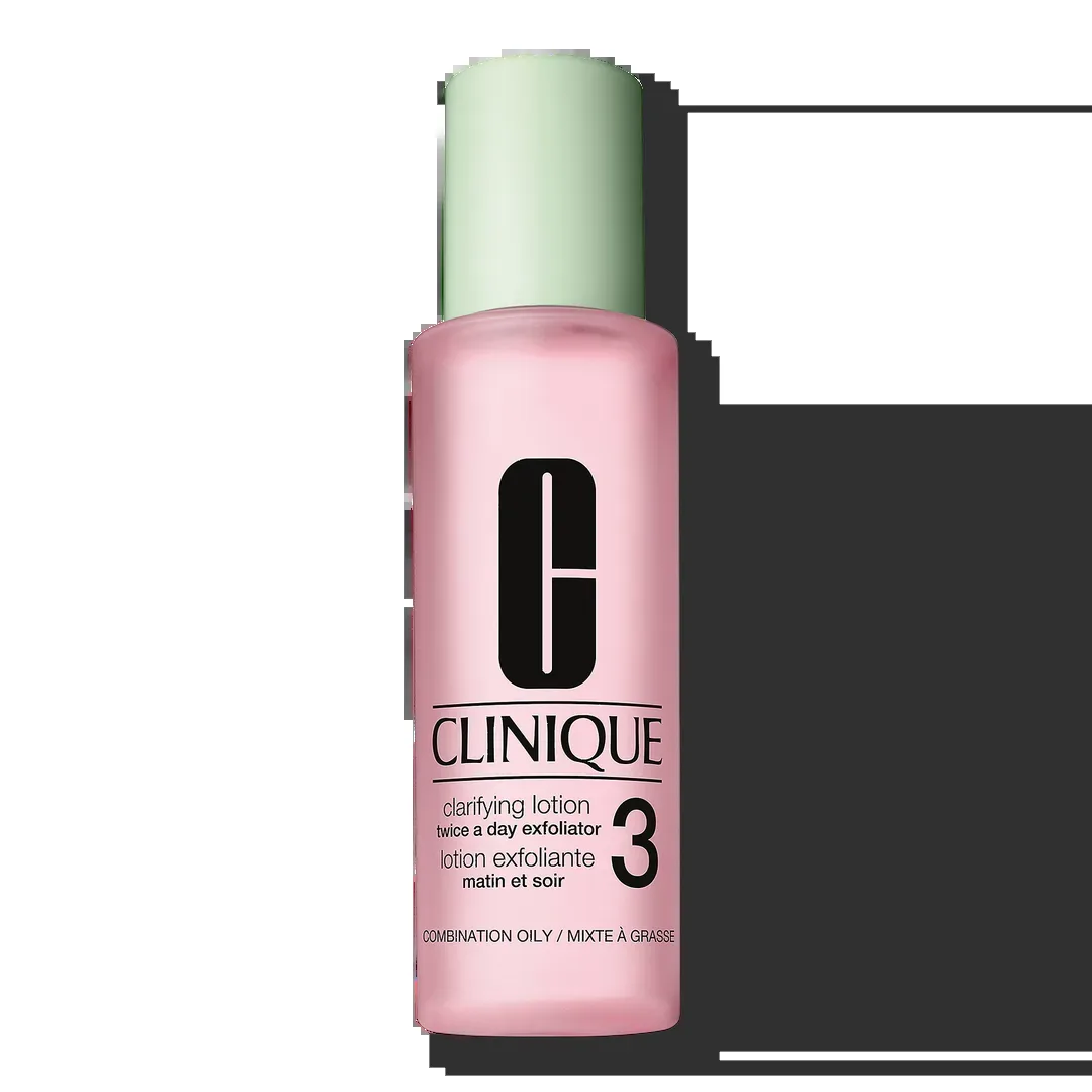 Clinique Clarifying Lotion 3 in clear bottle with green cap and purple-orange tinted liquid
