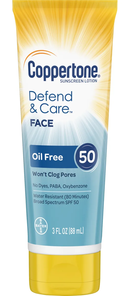 Coppertone Oil Free Sunscreen for Face SPF 50 tube on white background