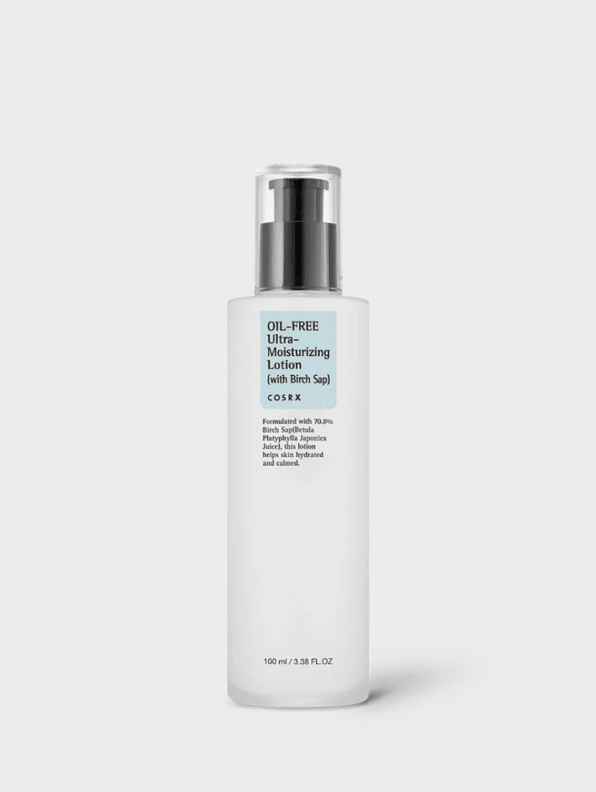 COSRX Oil-Free Ultra-Moisturizing Lotion with Birch Sap in a clear pump bottle with minimalist COSRX branding