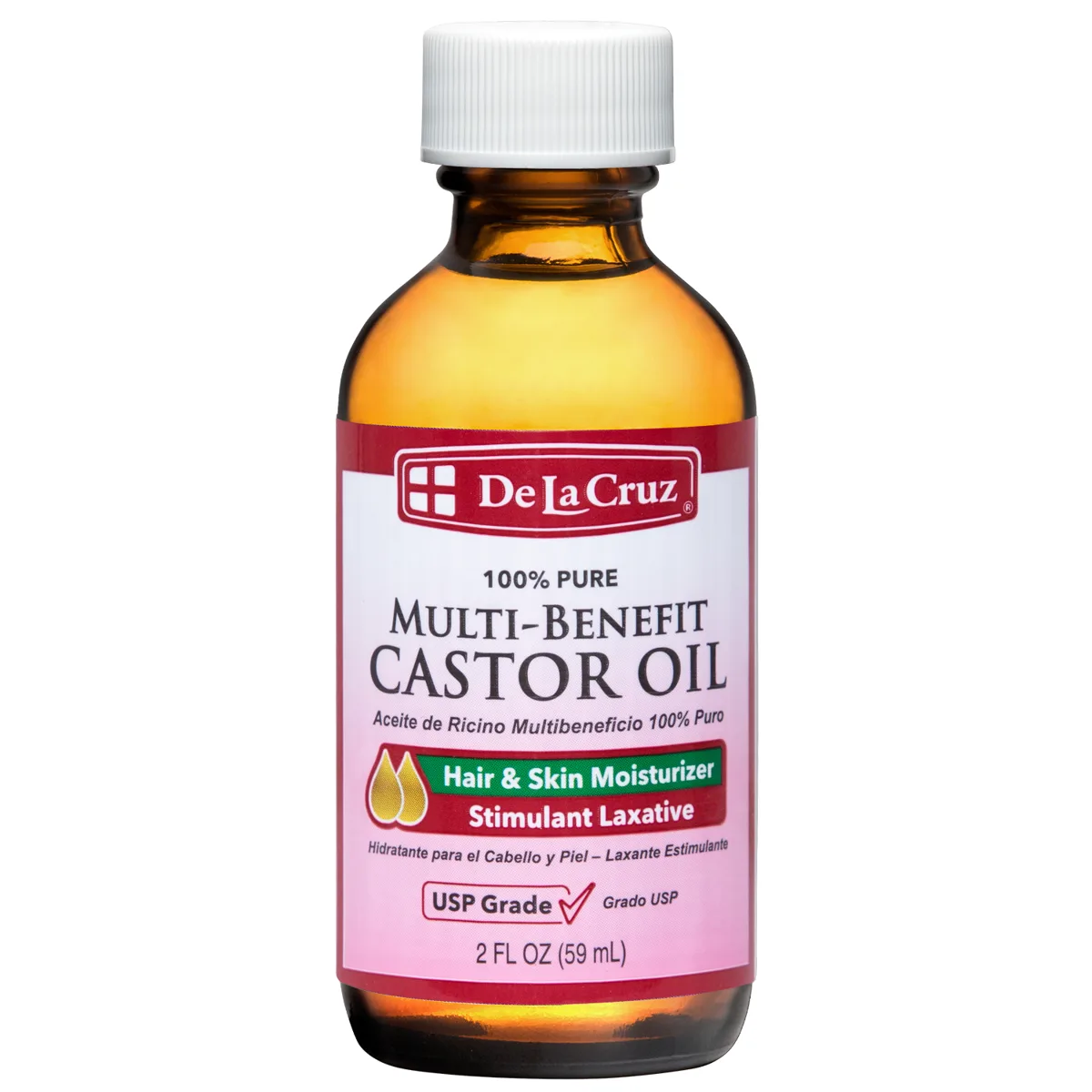 Bottle of De La Cruz 100% Pure Expeller-Pressed Castor Oil USP grade