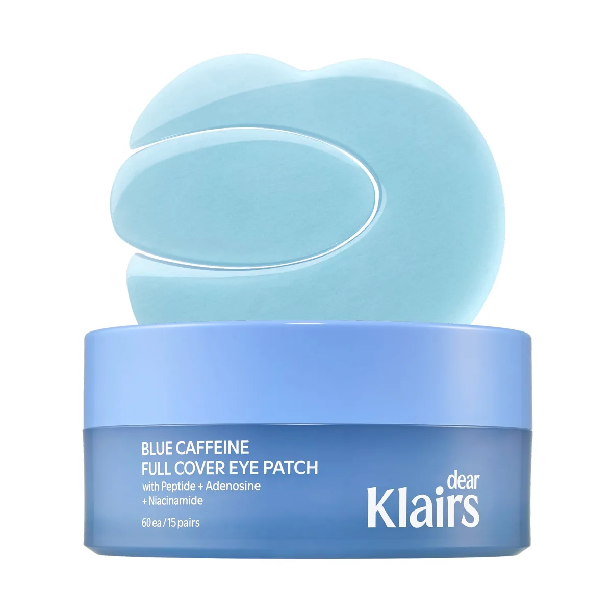 Dear, Klairs Blue Caffeine Full Cover Eye Patch periwinkle jar with a pair of pale-blue winged hydrogel patches, 60 patches