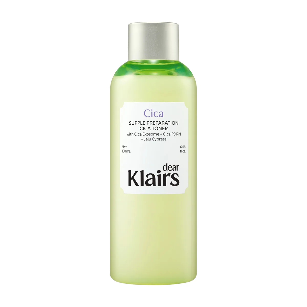 Dear, Klairs Supple Preparation Cica Toner clear bottle of pale-green liquid with silver cap, 180 ml