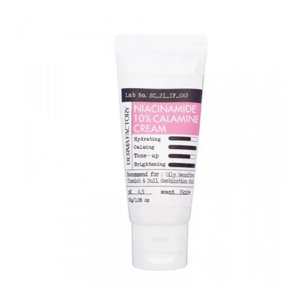 Derma Factory Niacinamide 10% Calamine Cream in a 30 g white tube with pink label