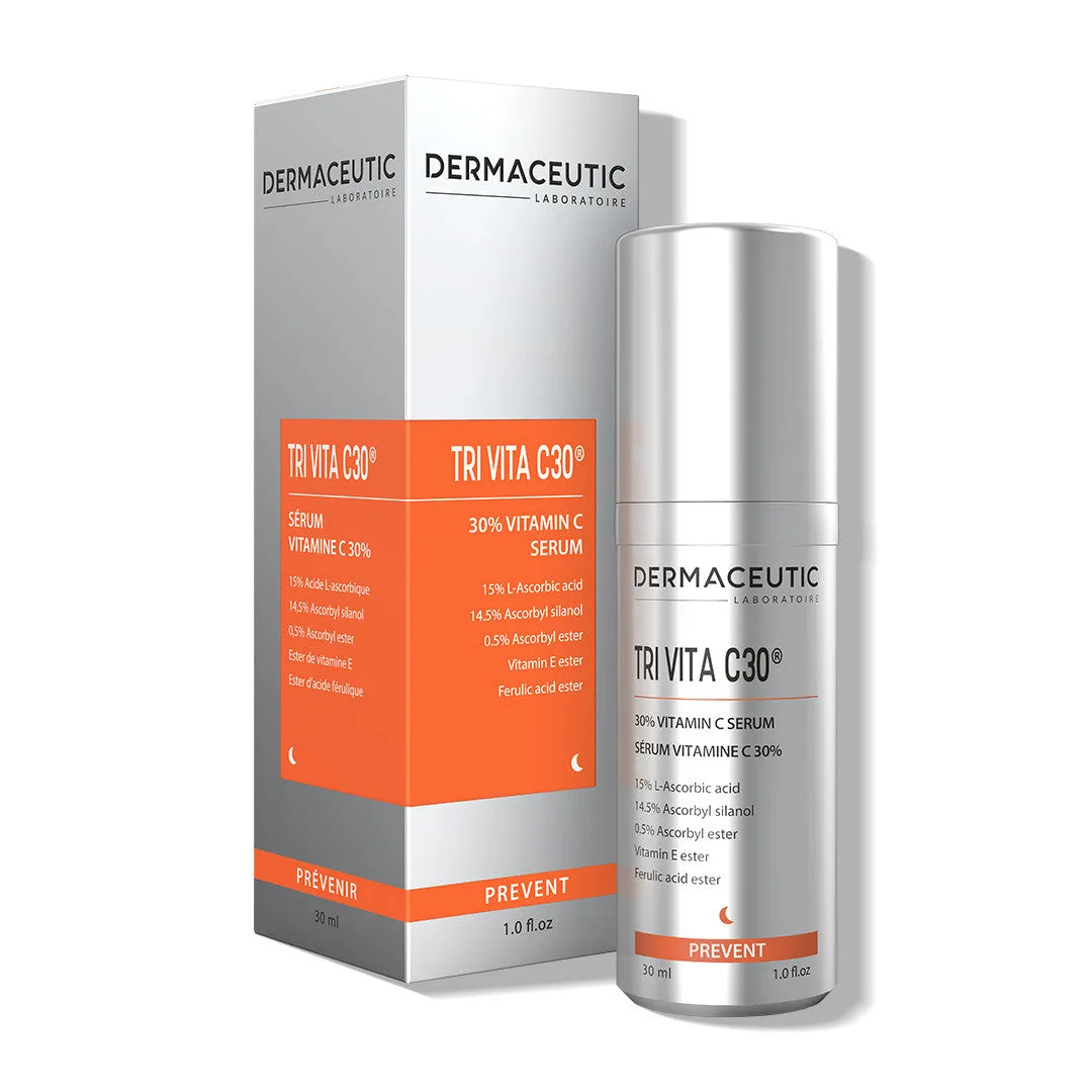 Dermaceutic Tri Vita C30 airless pump bottle, a professional 30% triple vitamin C serum with ferulic acid and vitamin E