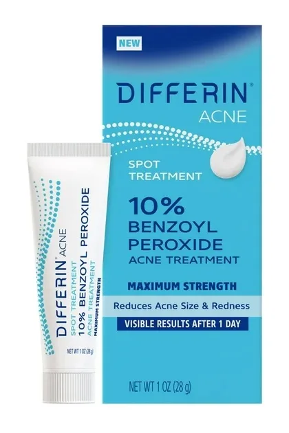Differin Acne Spot Treatment with 10% Benzoyl Peroxide tube on white background