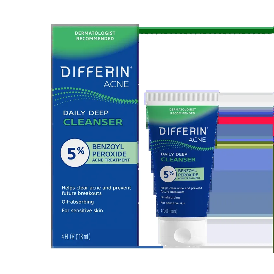 Differin Daily Deep Cleanser with 5% Benzoyl Peroxide, white squeeze tube, 4 fl oz
