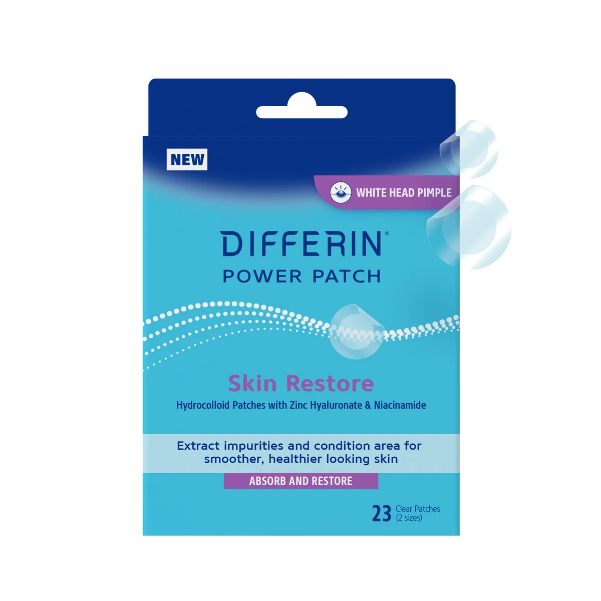 Differin Power Patch Skin Restore hydrocolloid acne patches carton on white background