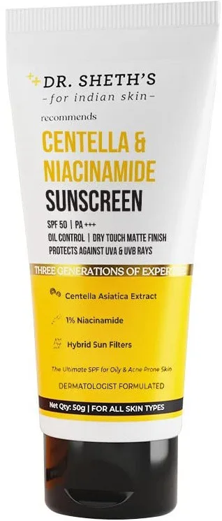 Dr Sheth's Centella & Niacinamide Sunscreen SPF 50 tube, a matte fragrance-free multi-filter gel sunscreen for oily, acne-prone skin