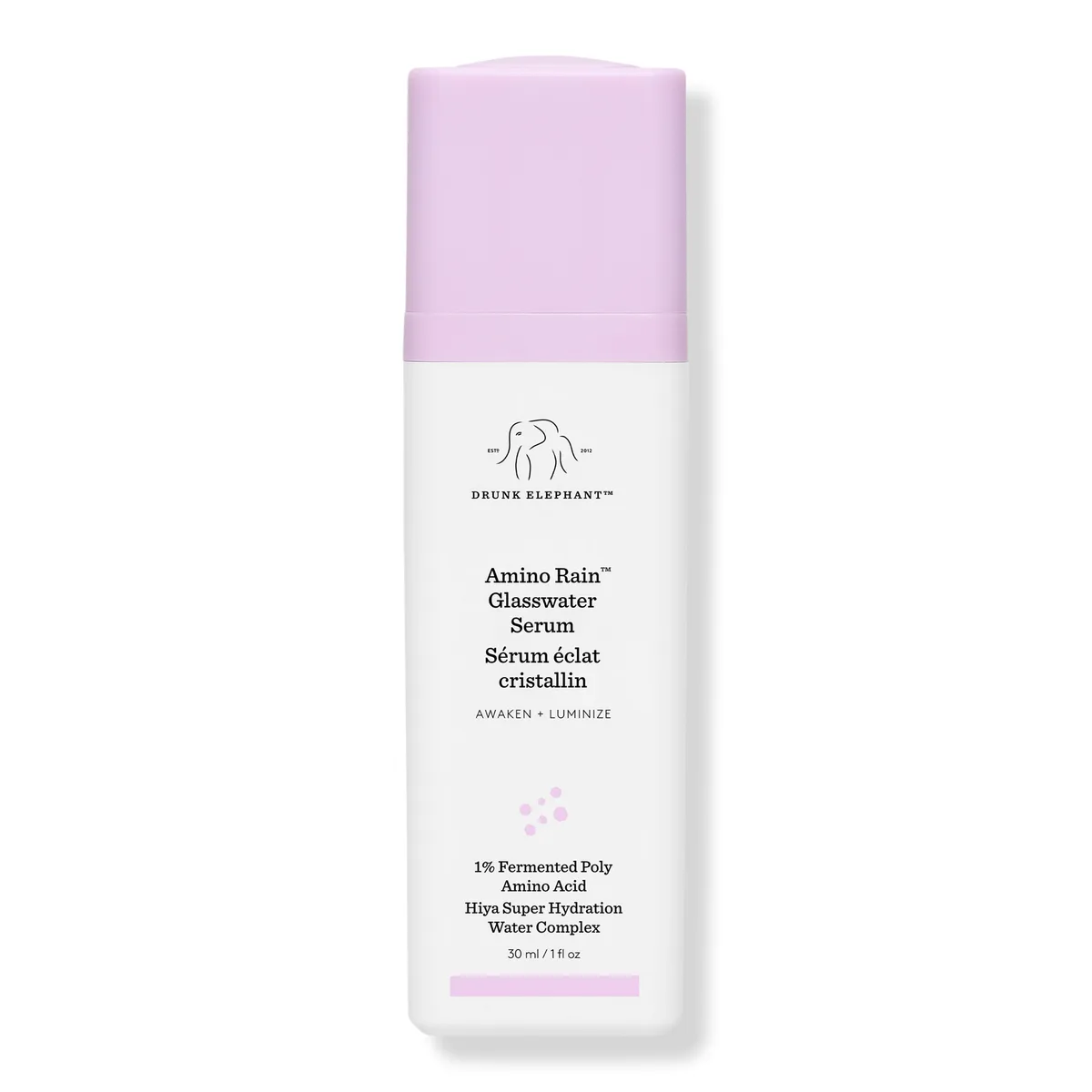 Drunk Elephant Amino Rain Glasswater Serum bottle on white background