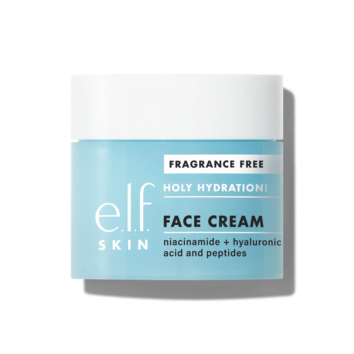 e.l.f. Skin Holy Hydration! Face Cream Fragrance Free aqua-blue jar with white lid, 1.7 oz